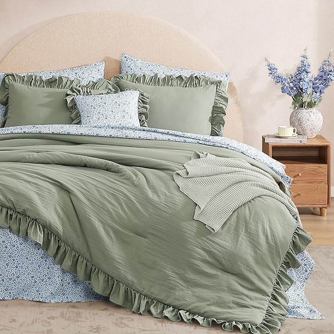 Oversized Queen Comforter Set - 7 Pieces Ruffle Sage Leaf Bedding Sets, Shabby Chic Farmhouse Bed in a Bag with Ruffle Comforter, Floral Sheets, Pillowcases & Shams