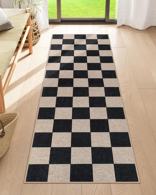 Lahome Checkered Easy Jute Runner Rug, 2x6 Kitchen Runner Rug Non Slip Washable Outdoor Carpet for Entryway Indoor, Checkerboard Black Indoor Outdoor Carpet Runners for Hallway 6ft Entry