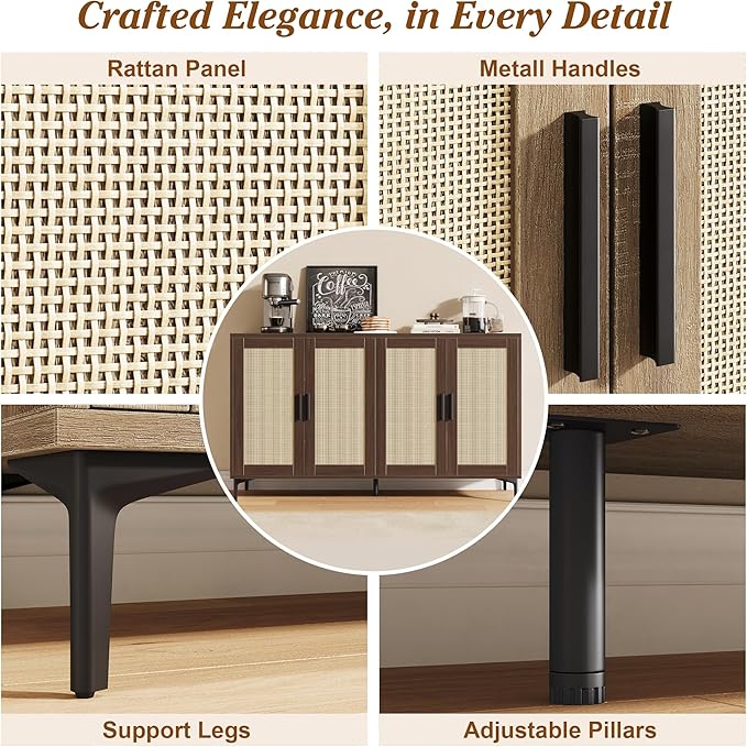JASIWAY Buffet Cabinet with Storage, 48" Rattan Sideboard with Adjustable Shelves, Modern Coffee Bar Cabinet Console Table with Doors, Credenza for Kitchen, Living Room, Entryway, Dining Room, Walnut