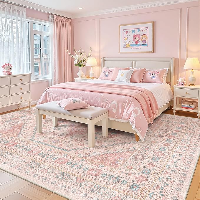 zesthome 8x10 Area Rugs for Girls Bedroom, Non-Slip Backing Washable Rugs, Vintage Large Pink Rug, Stain Resistant Nursery Room Rug (Pink/Blue,8'x10')