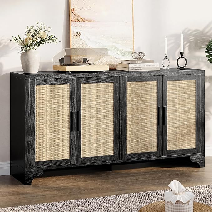 Garvee Natural Rattan Storage Cabinet with Shelves, 4-Door Sideboard Buffet Cabinet, Boho TV Stand Console Table for Living Room, Entryway, Dinning Room