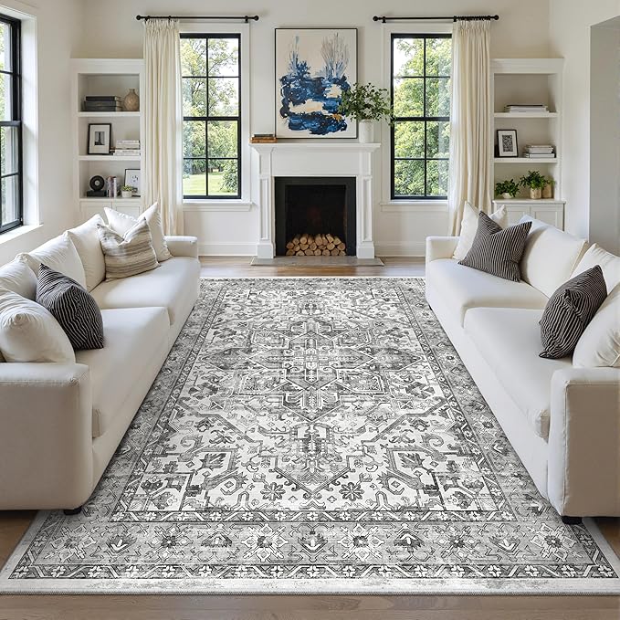 zesthome 9x12 Area Rugs,Stain Resistant Washable Rug,Ultra-Thin Rugs for Living Room,Bedroom,Non-Slip Backing Home Decor Large Area Rug (Grey/White,9'x12')