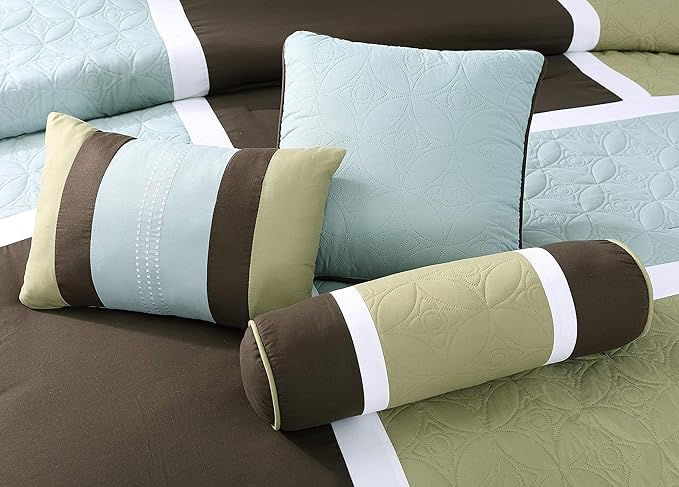 Chezmoi Collection 7-Piece Quilted Patchwork Comforter Set, Coffee Brown/Aqua Blue/Sage Green, California King