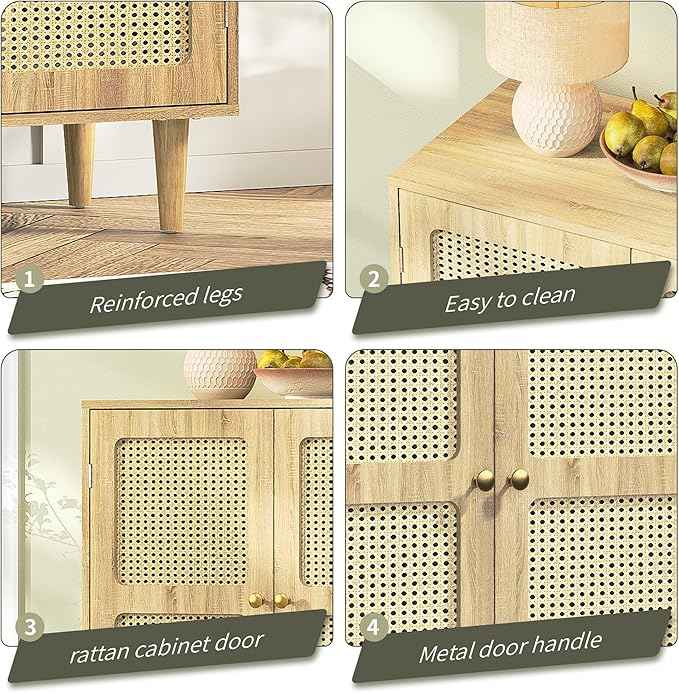 Rattan Sideboard Buffet Cabinet with Storage,Boho Credenza Accent Cabinet with 2 Magnetic Doors and Adjustable Shelves and Solid Wood Legs for Dining Room, Entryway, 31.5" x 15.8" x 34.6"