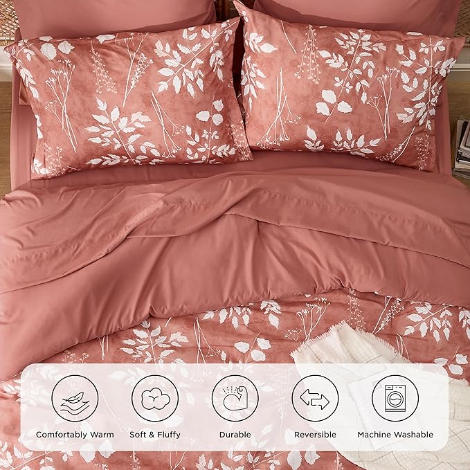 Bedsure Dusty Pink Queen Comforter Set - 7 Pieces Floral Bedding Sets, Queen Bed in a Bag with Reversible Botanical Flowers Comforter, Sheets, Pillowcases & Shams