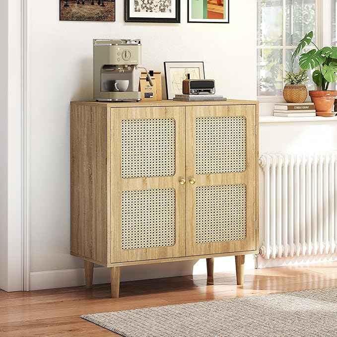 Rattan Sideboard Buffet Cabinet with Storage,Boho Credenza Accent Cabinet with 2 Magnetic Doors and Adjustable Shelves and Solid Wood Legs for Dining Room, Entryway, 31.5" x 15.8" x 34.6"