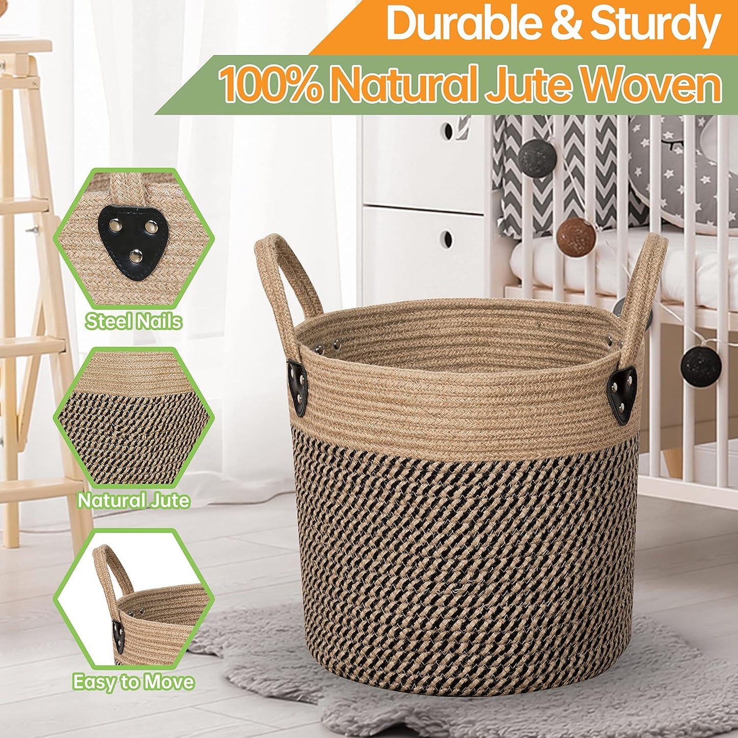 14"x12" Natural Jute Rope Woven Storage Basket with Handles for Plant, Blankets,Toys,Clothes,Shoes - Living Room Home Decor,Multifunctional Basket for Organizer,Picnic,Artificial Tree