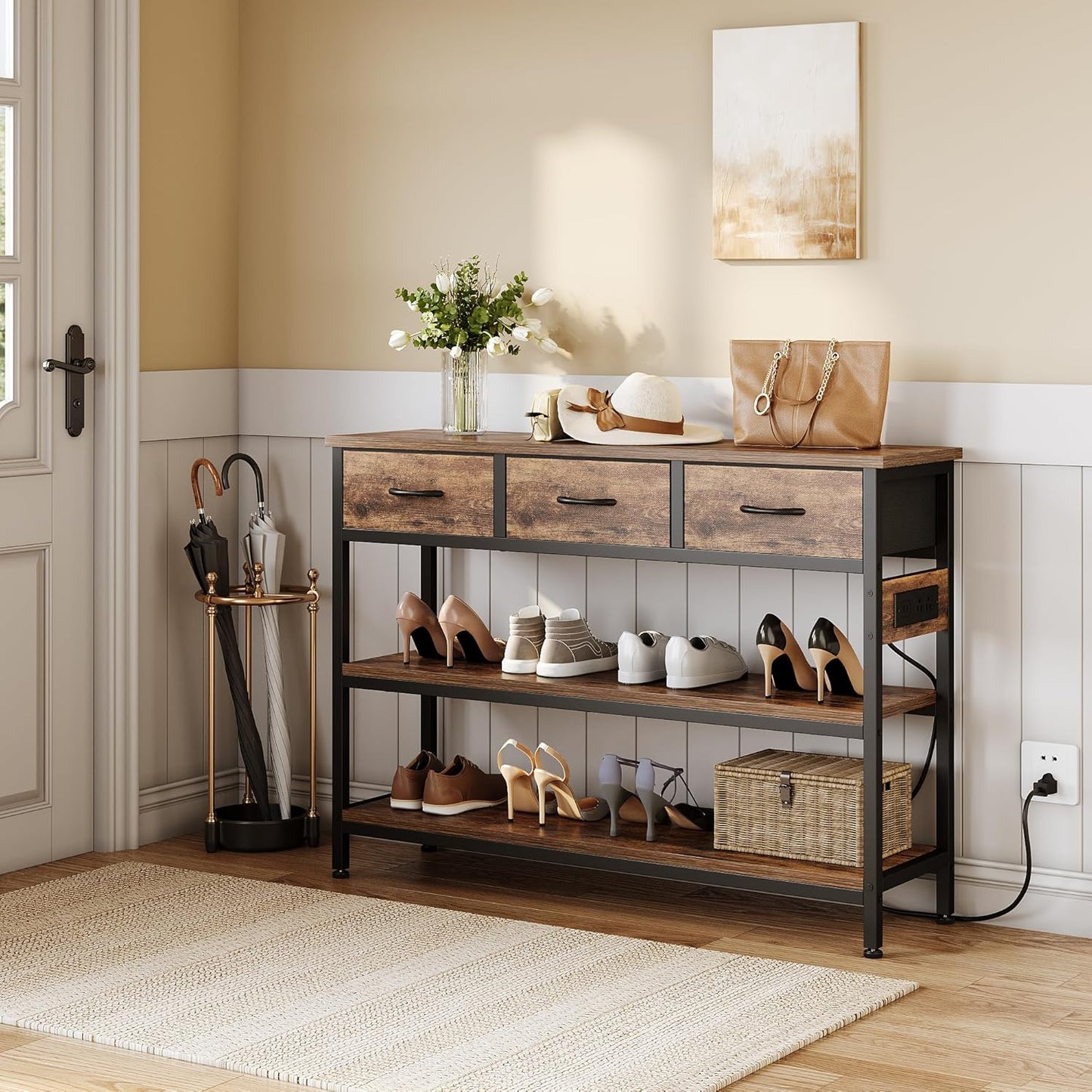 Lulive 2 Pack Entryway Tables with Power Outlets, Console Table with 3 Fabric Drawers, Sofa Table for Living Room, Hallway, Couch, Foyer, Height Adjustable