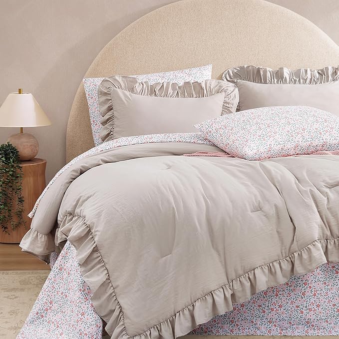 Twin XL Comforter Set - 5 Pieces Ruffle Birch Bedding Sets, Shabby Chic Farmhouse Bed in a Bag Twin XL with Ruffle Comforter, Floral Sheets, Pillowcases & Shams