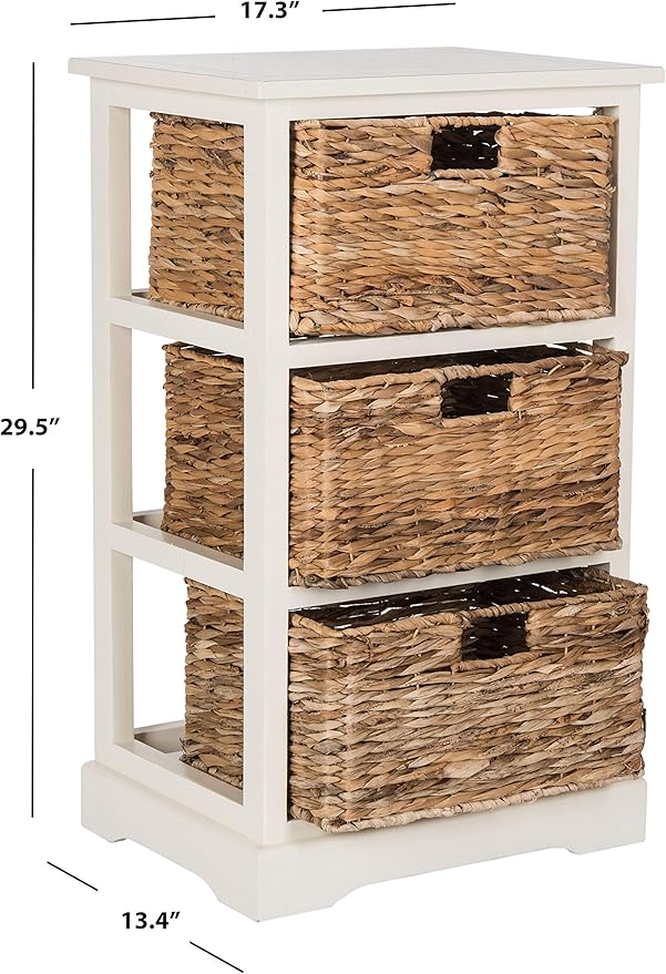 SAFAVIEH Home Collection – Halle Vintage White Storage Side Table with Wicker Baskets, Farmhouse Accent Storage, Fully Assembled (AMH5738B)