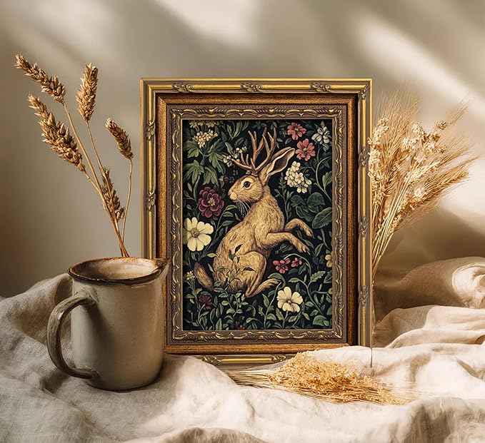 Vintage Gold Framed Bunny Wall Art Dark Botanical Cottagecore Mythical Folklore Art Painting Canvas Prints Dark Academia Floral Poster Gothic Hare Picture Artwork for Bedroom Living Room Home Decor