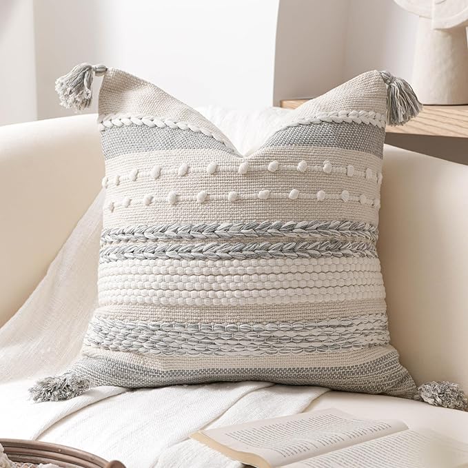 BlissBlush Gray Boho Decorative Throw Pillow Cover 18x18 Square Farmhouse Accent Cushion for Couch Sofa Livingroom Bedroom Pillowcase Modern Home Décor (Pack of 1)