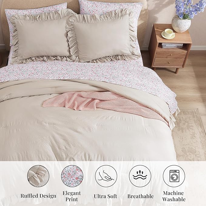 Twin XL Comforter Set - 5 Pieces Ruffle Birch Bedding Sets, Shabby Chic Farmhouse Bed in a Bag Twin XL with Ruffle Comforter, Floral Sheets, Pillowcases & Shams