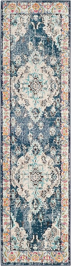 SAFAVIEH Monaco Collection Runner Rug - 2'2" x 12', Navy & Light Blue, Non-Shedding & Easy to Clean, Distressed Medallion Design, Ideal for Hallway, Foyer, Entryway, Kitchen, Bedroom (MNC243N)