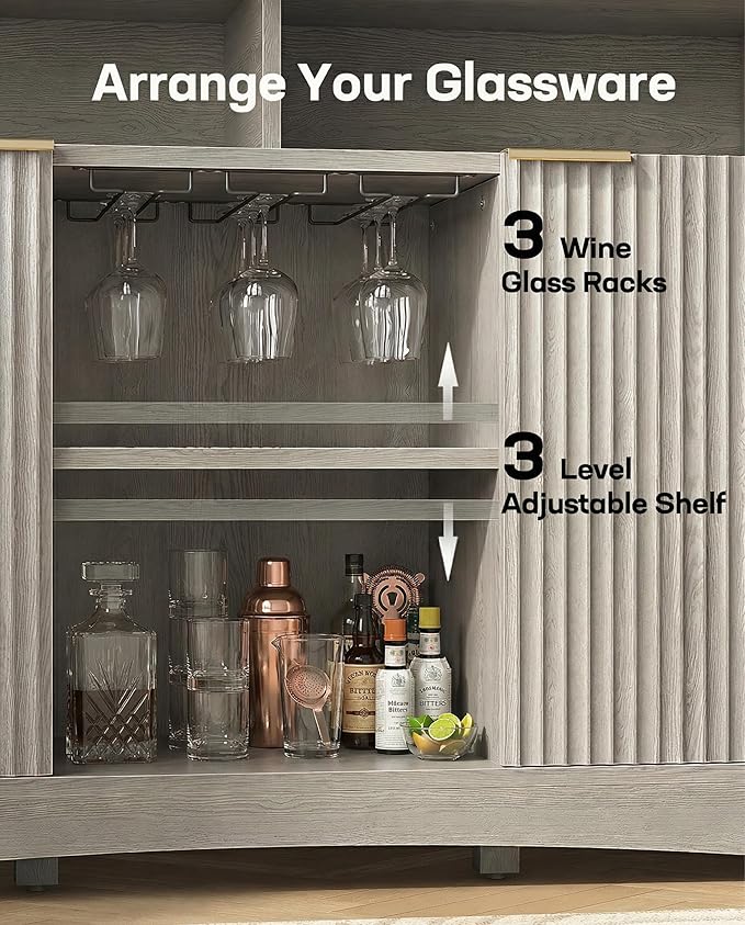 Marsail 47.2" Bar Cabinets with Storage,Modern Sideboard with Fluted Glass Doors,Versatile Coffee Bar with Adjustable Shelves and Stemware Rack for Kitchen and Living Room,Light Grey