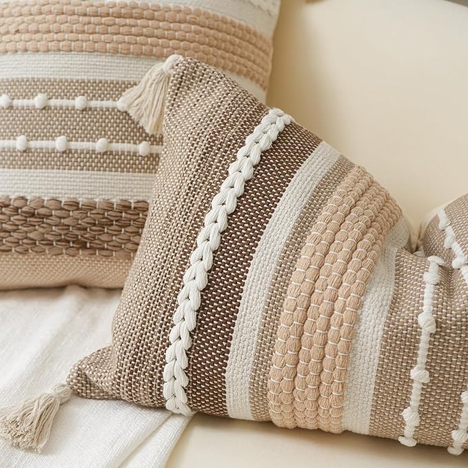 BlissBlush Boho Decorative Throw Pillow Cover 22x22 Square Brown Accent Pillowcase Tassels Farmhouse Cushion for Couch Sofa Bedroom Livingroom Home Décor Cover ONLY (Pack of 1)