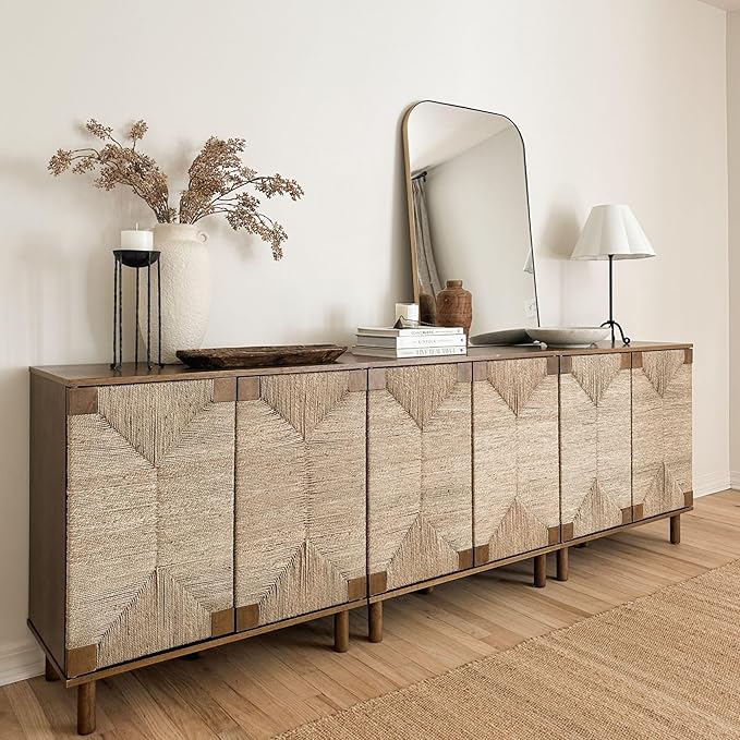 Nathan James Beacon Boho Accent Cabinet with Doors, Free Standing Kitchen Cabinet Storage with Adjustable Interior Shelf and Seagrass Accent, Dark Brown
