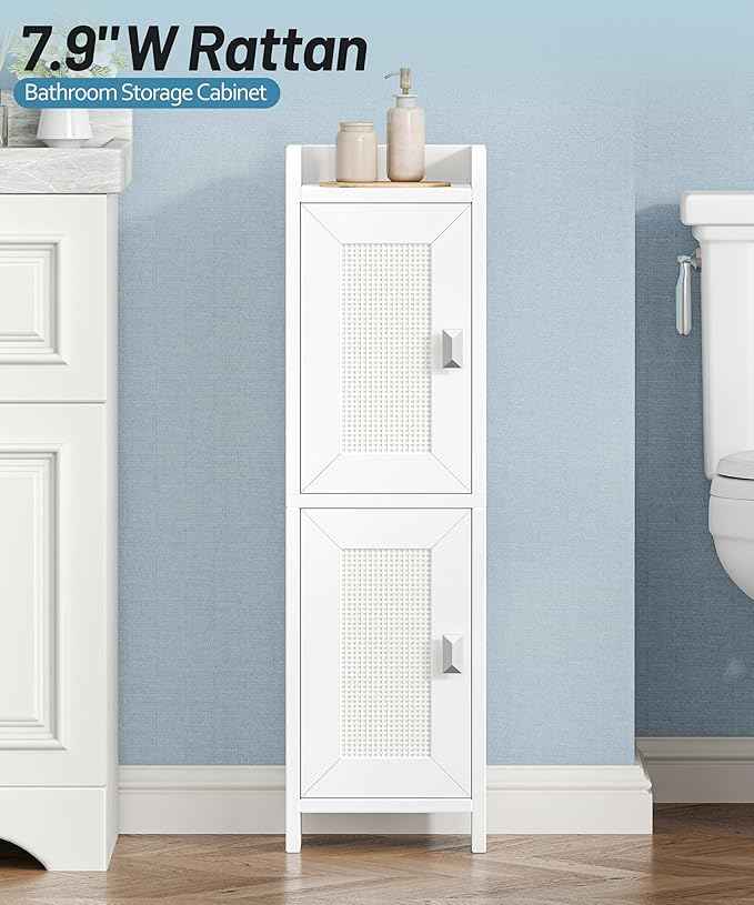 Rattan Small Bathroom Cabinet with 2 Doors, 7.9''D x 7.9''W Narrow Toilet Paper Storage Cabinet, Bathroom Organizer for Small Spaces, Slim Corner Unit with Adjustable Shelf, White Rattan