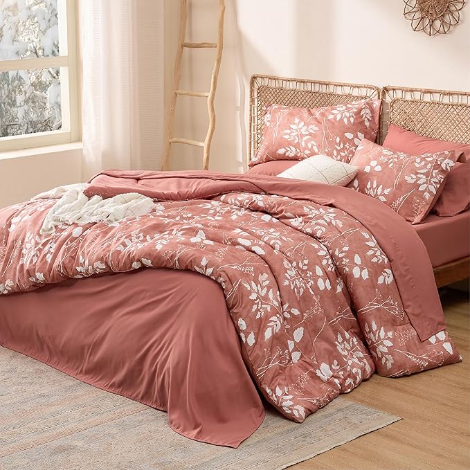 Bedsure Dusty Pink King Comforter Set - 7 Pieces Floral Bedding Sets, King Bed in a Bag with Reversible Botanical Flowers Comforter, Sheets, Pillowcases & Shams