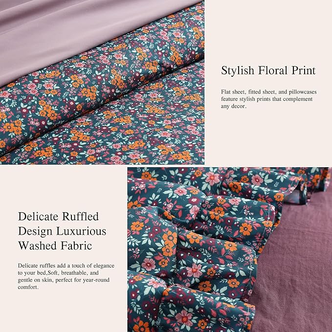 Queen Comforter Set - 7 Pieces Ruffle Purple Ditzy Bedding Sets, Shabby Chic Farmhouse Bed in a Bag with Ruffle Comforter, Sheets, Pillowcases & Shams