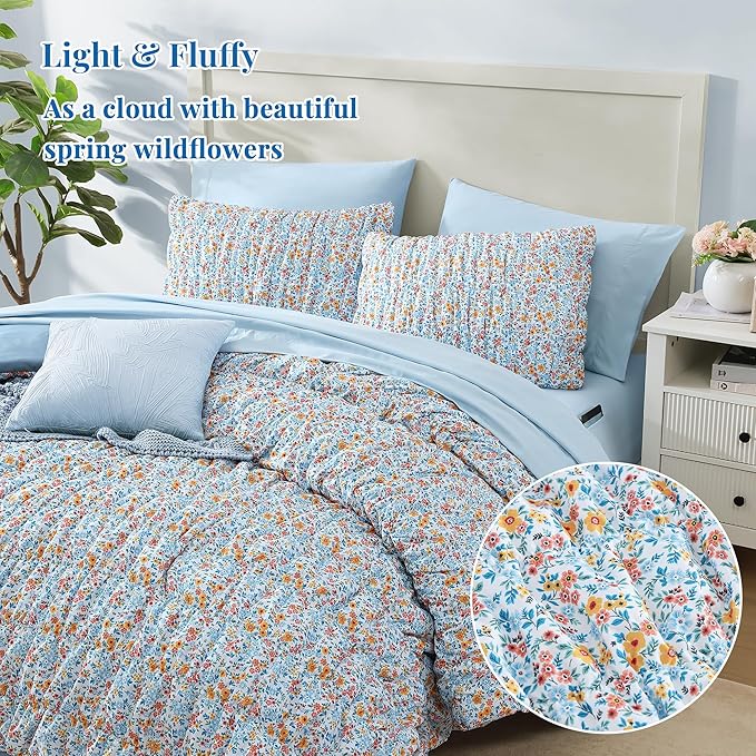 King Comforter Set - 7 Pieces Blue Classic Puff Floral Bedding Sets for All Seasons, Shabby Chic Farmhouse Bed in a Bag King with Wildflowers Fluffy Comforter, Sheets, Pillowcases & Shams