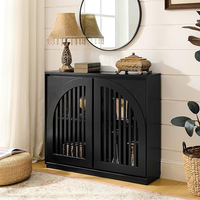 KEIKI 39" Mid Century Modern Fluted Sideboard Cabinet with Storage & Outlet Holes, Narrow Buffet Cabinet, Solid Wood + MDF, for Living Room, Entryway, Hallway, Kitchen, Coffee Bar, Black