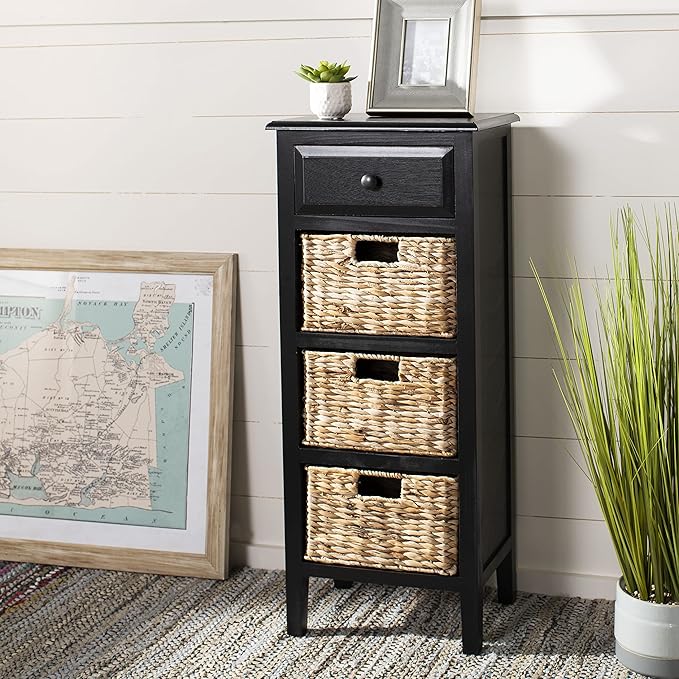SAFAVIEH Home Collection – Michaela Distressed Black Storage Unit with Woven Basket Drawers, British Colonial Farmhouse Accent Storage, Fully Assembled (AMH5744A)