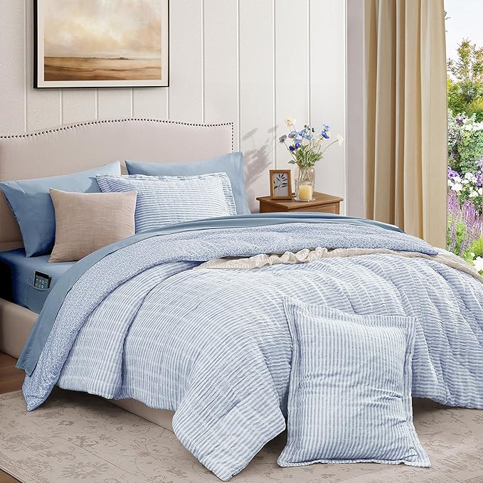 Full Comforter Set - 7 Pieces Blue Gauze Muslin Bedding Sets for All Seasons, Lightweight Breathable Bed in a Bag Full with Revesible Farmhouse Comforter, Sheets, Pillowcases & Shams