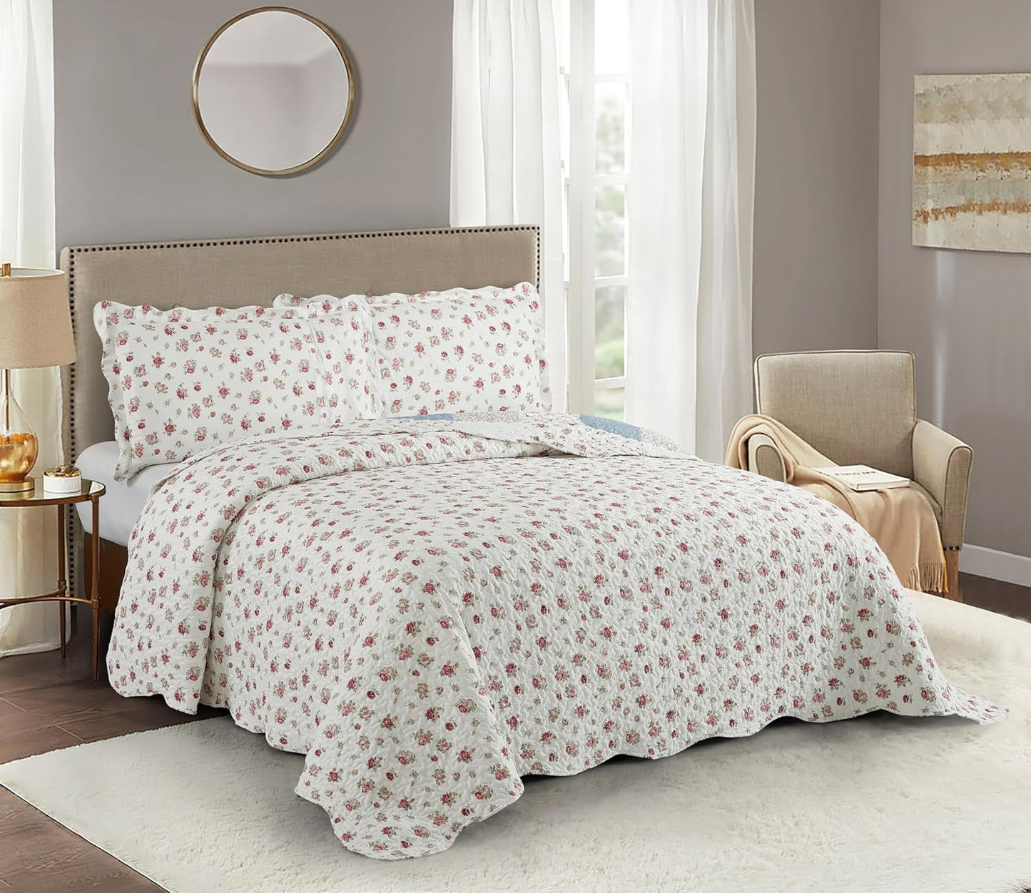 Brilliant Sunshine Pink Rose with Small Blue Check Patchwork, 3-Piece Quilt Set with 2 Shams, Reversible Bedspread, Soft Lightweight Coverlet, All-Season, King, Pink Blue