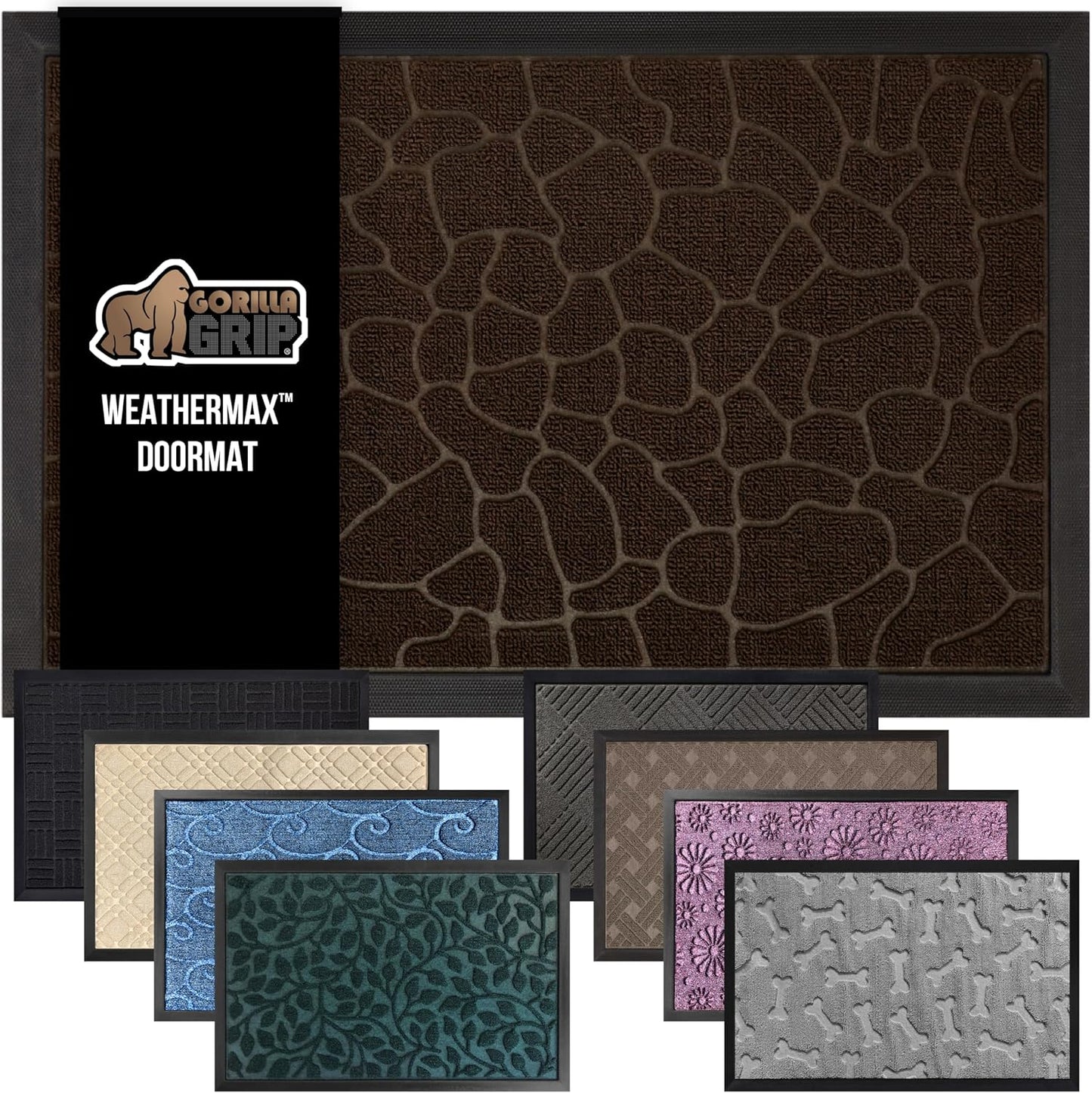 GORILLA GRIP 100% Waterproof All-Season WeatherMax Doormat, 72x24, US Designed Natural Rubber, Stain and Fade Resistant, Low Profile Indoor Outdoor Door Mats, Easy Clean Patio Mat, Dark Brown Pebble