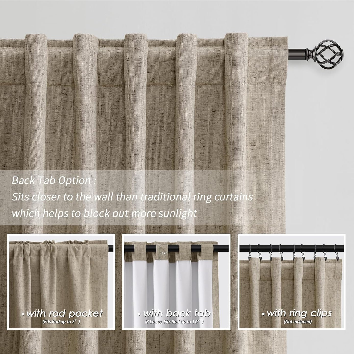 BOODII 108 Inch Black Out Curtains 2 Panels Set Back Tab Thermal Insulated Natural Linen Textured Blackout Curtains Noise Reducing Khaki Neutral Living Room Darkening Window Drapes Pleated 52x108