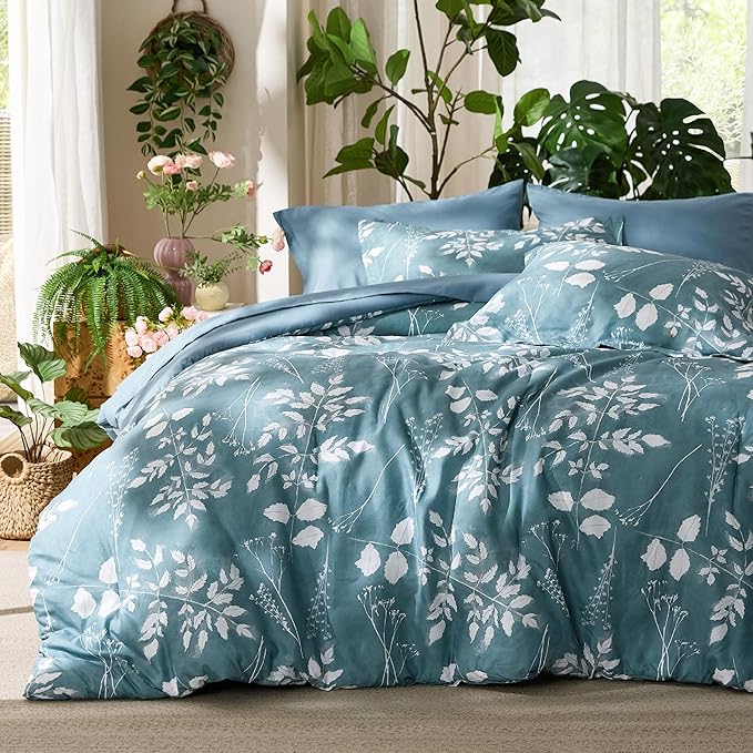 Bedsure Full Size Comforter Set - 7 Pieces Floral Mineral Blue Soft Bedding Sets, Full Bed in a Bag with Botanical Flowers Comforter, Sheets, Pillowcases & Shams