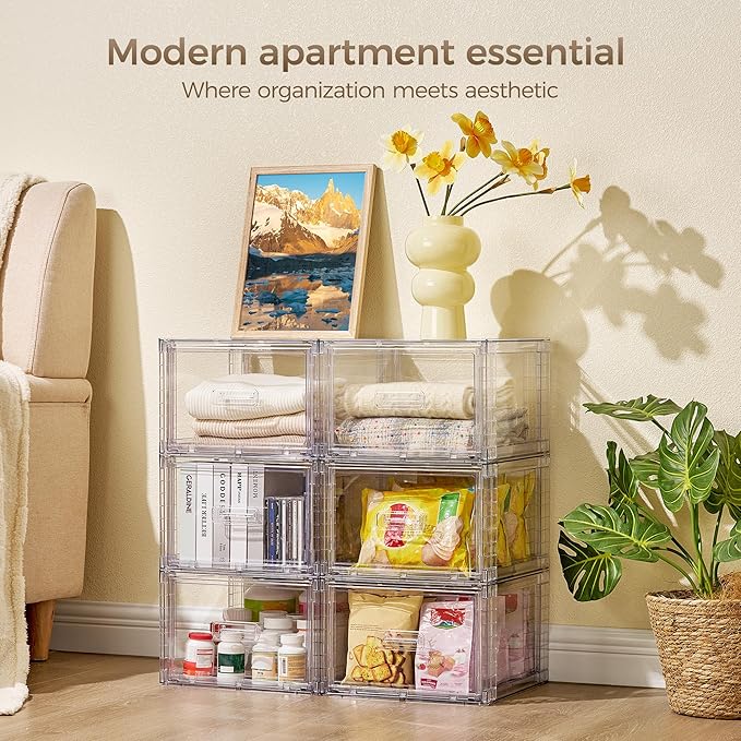 Vtopmart 6 Pack 18QT Clear Stackable Storage Drawers,Easily Assemble Closet Organizers,Plastic Storage Bins for Bathroom,Cabinet,Kitchen Pantry,Under Sink Organization(Medium)