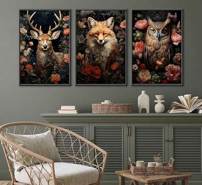 Magical Forest Animal Canvas Wall Art Flowers And Wild Animals Prints Wall Decor Dark Cottagecore Posters Gothic Vintage Botanical Floral Painting Picture Nature Room Decor Bedroom Decoration Unframed