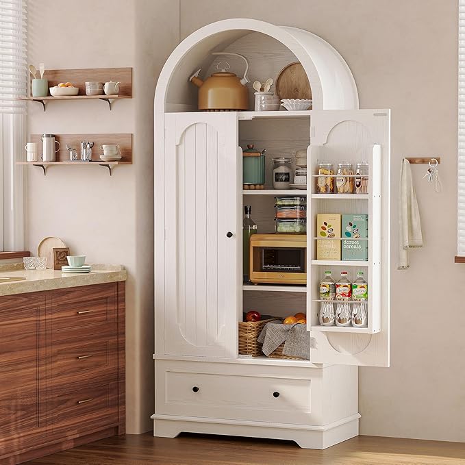 IRONCK 70.9" Tall Arched Kitchen Pantry, Kitchen Cabinet with Large Drawer, Adjustable Shelves, Arched Open Shelving, 2 Doors with Storage Shelves, Modern Versatile Cupboard for Kitchen, Dining Room