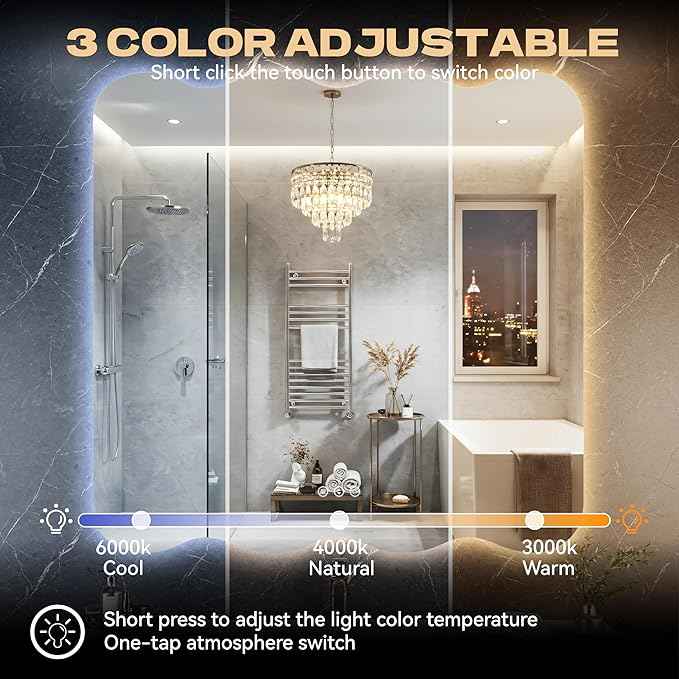 Hasipu Wavy Full Length Mirror with Lights - 36"×36" LED Wavy Floor Mirror, Frameless, Dimmable, Standing or Vertical/Horizontal Wall-Mounted Mirror for Bedroom, Living Room, Cloakroom
