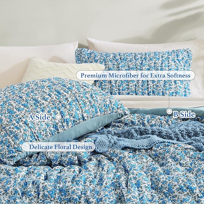 Full Size Comforter Sets - 7 Pieces Puff Blue Floral Bedding Set for All Seasons, Shabby Chic Farmhouse Bed in a Bag Full with Floral Comforter, Sheets, Pillowcases & Shams
