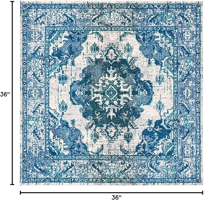 SAFAVIEH Monaco Collection Area Rug - 3' Square, Ivory & Blue, Non-Shedding & Easy to Clean, Distressed Medallion Design, Ideal for Living Room, Bedroom, Dining Space (MNC243A)