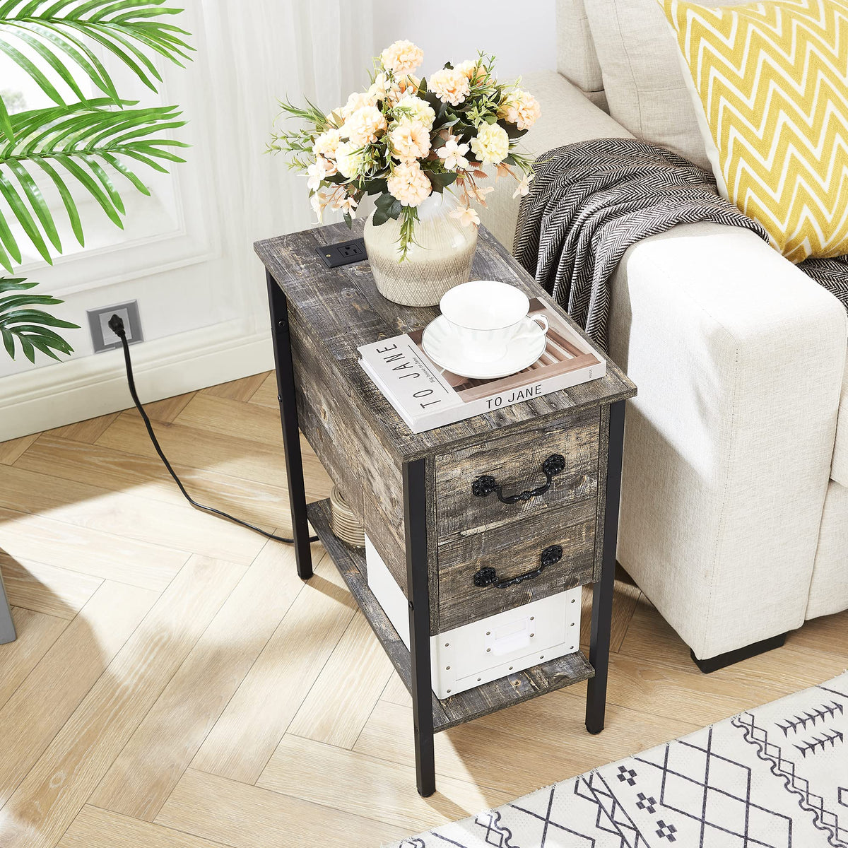 End Tables Narrow Nightstands with Charging Station & USB Ports &Drawers
