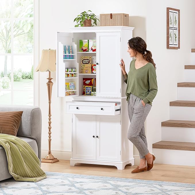 Spirich 71'' Tall Kitchen Pantry Cabinet, Wood Food Pantry Cabinet with Drawers and Wine Glass Rack, Freestanding Storage Cabinet for Kitchen, Living Room, Dining Room, White