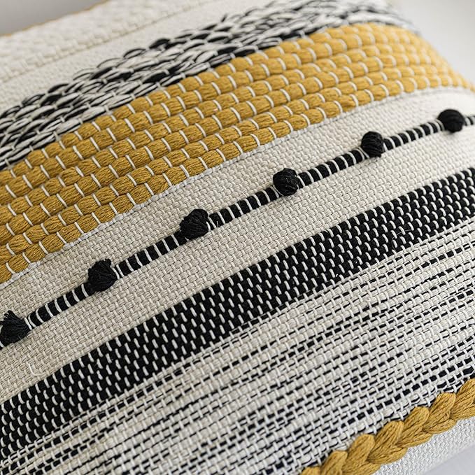 BlissBlush Yellow Mustard Decorative Throw Pillow Cover 18x18 Square Boho Accent Pillowcase Tassels Farmhouse Cushion for Couch Sofa Bedroom Living Room Home Décor Cover ONLY