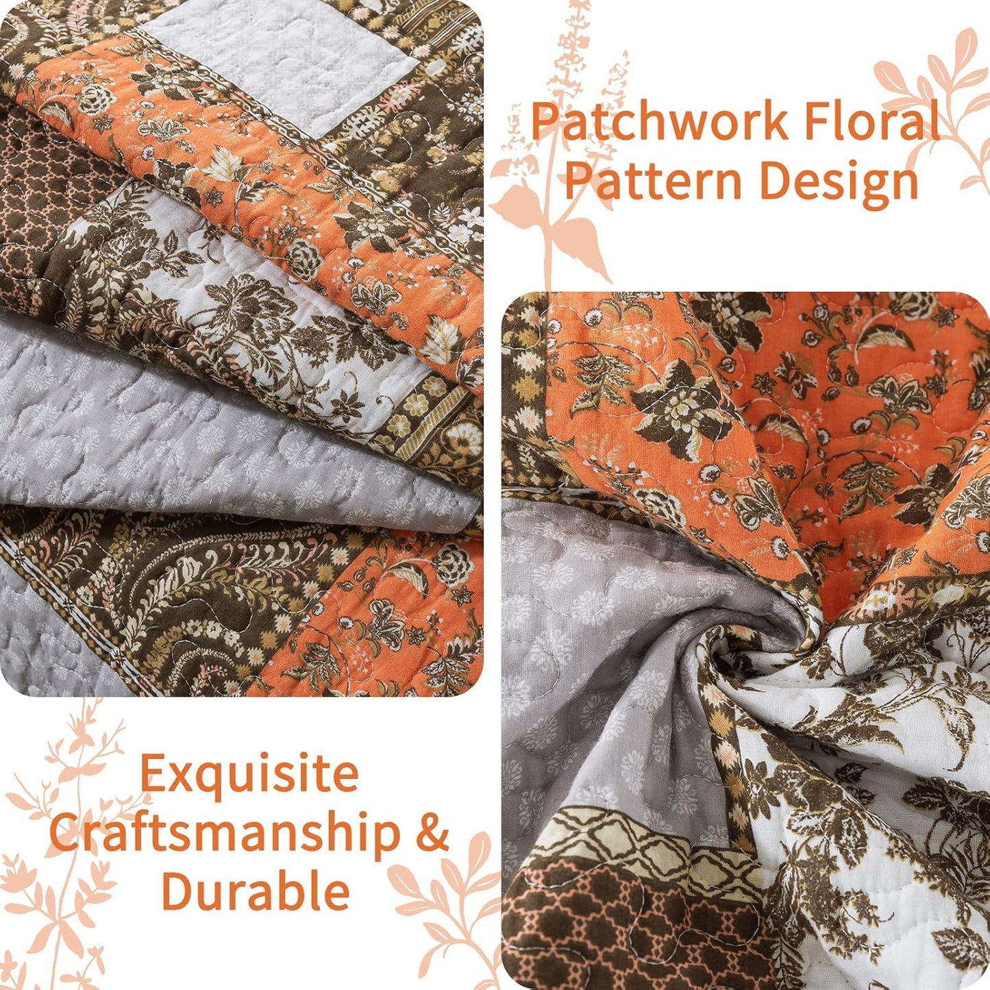 VAPUTAR Quilts King Size - Fall Cotton King Size Quilt Bedding Set, 3 Piece Lightweight Soft King Bedspreads Cotton Boho King Quilt Set, Floral Bedding Set for Farmhouse Bedroom (Dream Orange)
