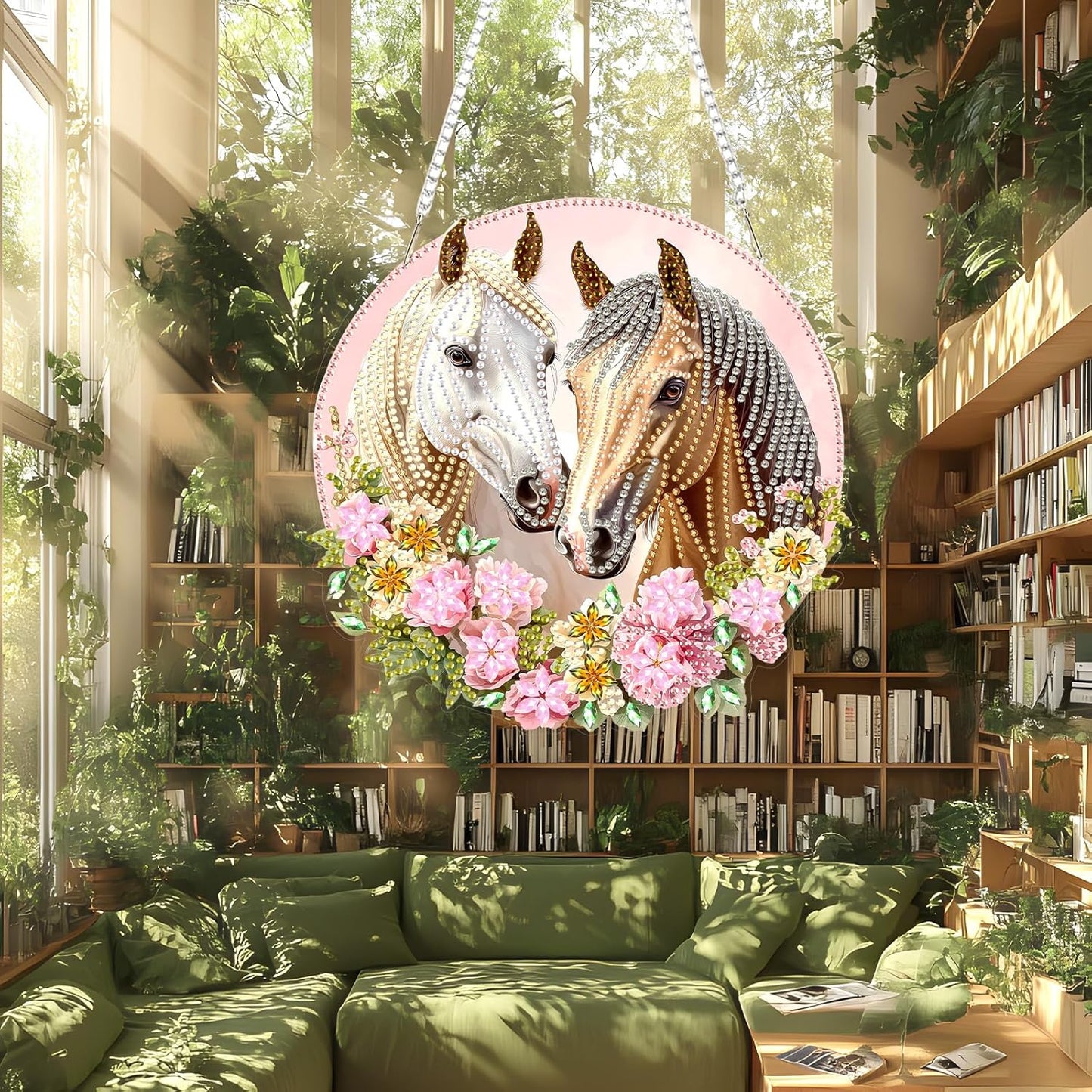 Lxmsja DIY Two Horses Diamond Painting Hanging Ornament, Double-Sided Acrylic Flowers Diamond Art Kit, Special Shaped Drill Pendant Window Art Kit, Suncatcher Hanging Craft Decoration 8x8 inch