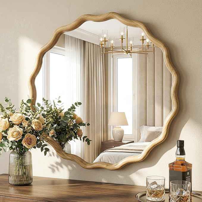 Round Wood Mirrors for Wall, 28" Boho Circle Wavy Mirror with Wooden Frame, Decorative Mirror with Tempered Glass, Natural Wooden Frame Vanity Mirror for Bedroom, Living Room, Entryway