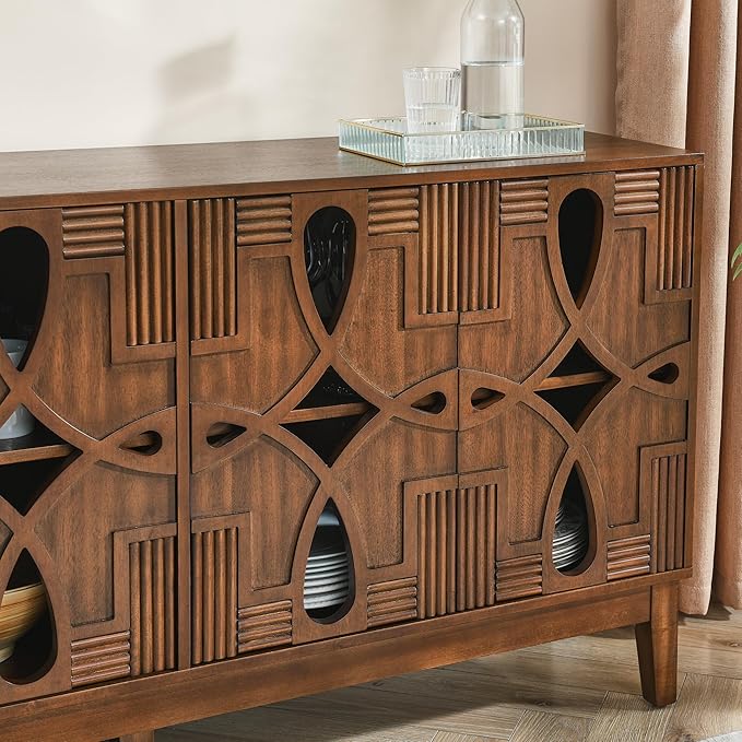 Ball & Cast 60" Mid Century Modern Sideboard Cabinet with Openwork Carving, Media Console & Buffet Cabinet with 4 Doors and Adjustable Shelves for Living Room,Kitchen Coffee Bar, Dining Room, Walnut