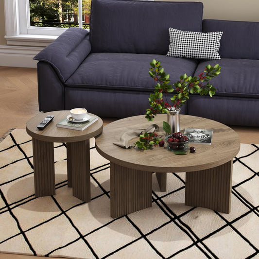 Nesting Coffee Table Set of 2, Modern Wooden Coffee Table with Smooth Thick Design, Circle Tea Table and End Table Set, Accent Center Tables for Living Room, Office, Brown