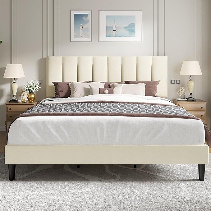 VECELO King Size Bed Frame with Upholstered Headboard, Heavy-Duty Bedframe with Strong Wooden Slats Support, No Boxing Spring Needed, Pale Beige