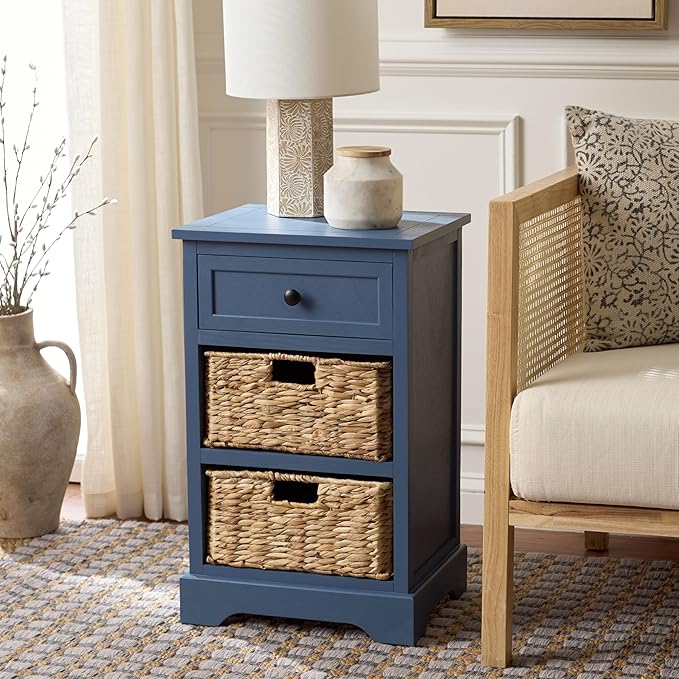 SAFAVIEH Home Collection – Carrie Blue 3-Drawer Storage Side Table, Mixed-Material Cottage Design, Fully Assembled (AMH5700K)