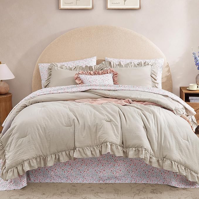 Twin XL Comforter Set - 5 Pieces Ruffle Birch Bedding Sets, Shabby Chic Farmhouse Bed in a Bag Twin XL with Ruffle Comforter, Floral Sheets, Pillowcases & Shams