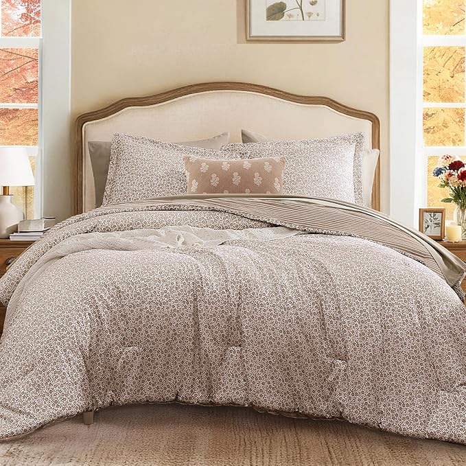 Queen Comforter Set - 7 Pieces Dark Brown Gauze Muslin Bedding Sets for All Seasons, Lightweight Breathable Bed in a Bag Queen with Revesible Farmhouse Comforter, Sheets, Pillowcases & Shams